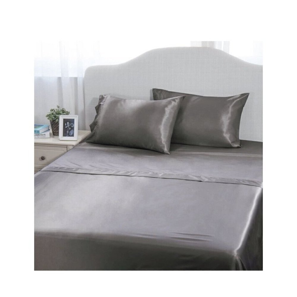 Bedsure 4-Pieces Satin Bed Sheet Set King Dark Gray Smooth and Silky Deep Pocket